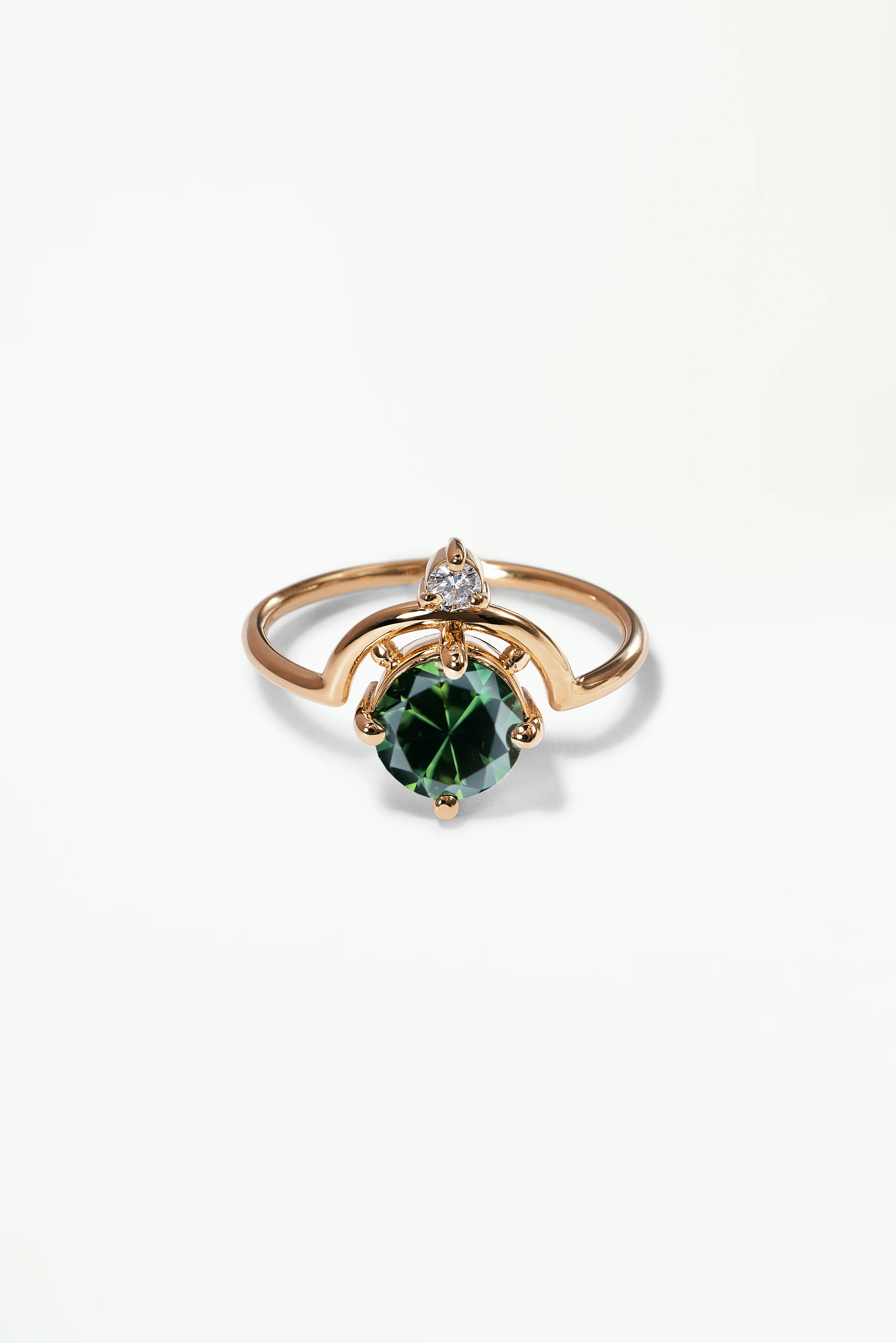 One of a Kind Bi-Color Blue Green Sapphire Round Brilliant Cut Nestled Ring No. 5