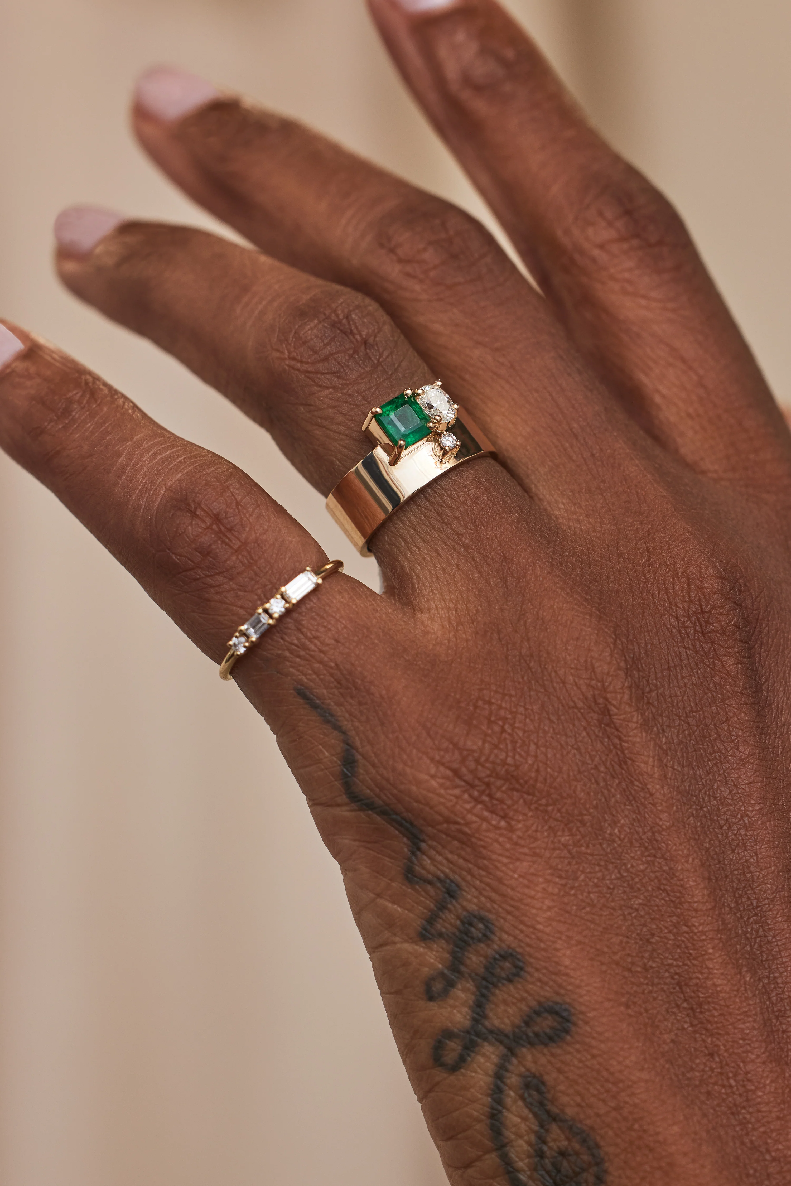 One of a Kind Emerald and Brilliant Cut Diamond and Emerald Bricolage Ring No. 19 - Image 2