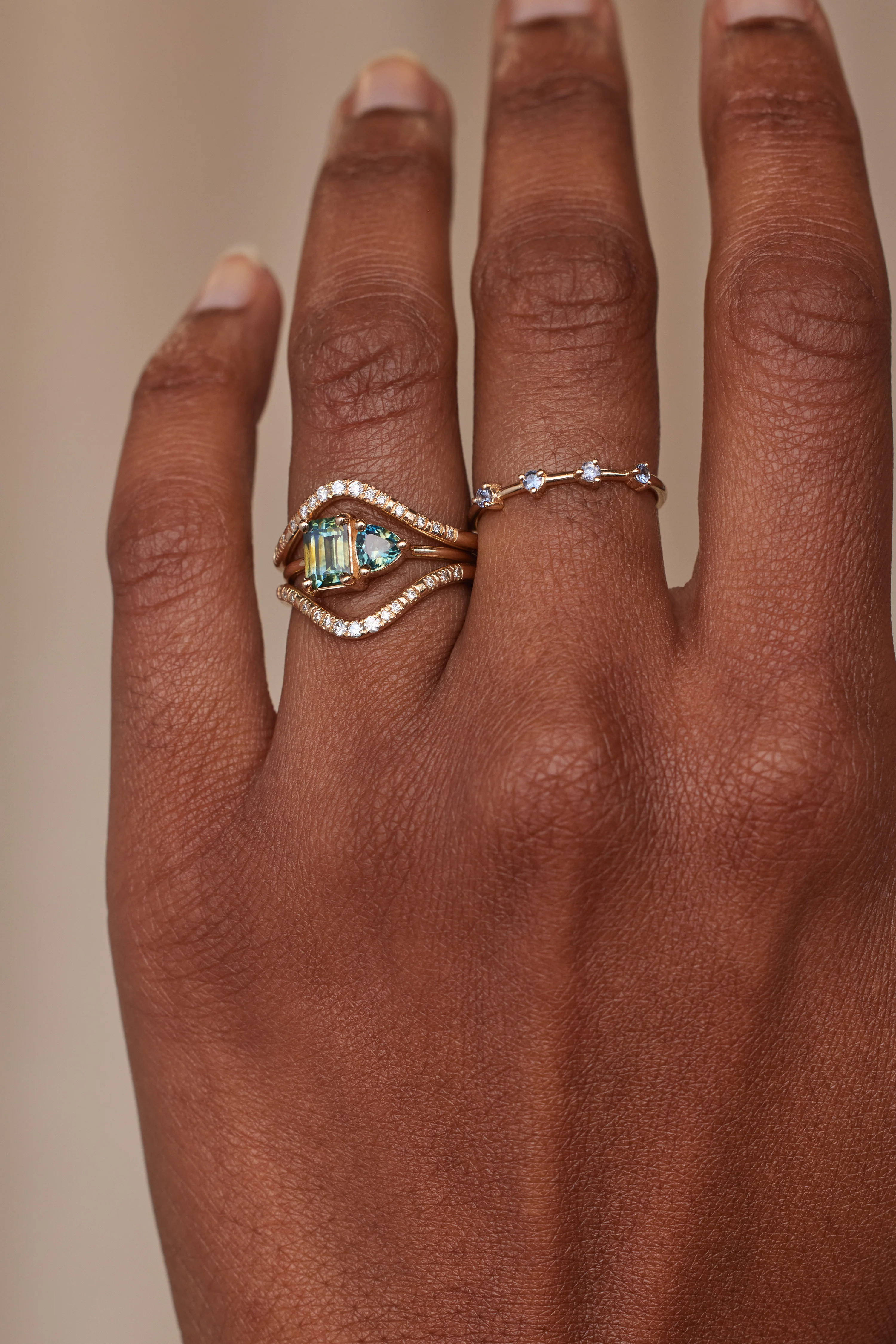 One of a Kind Emerald and Trillion Cut Sapphire Mosaic Ring No. 42 - Image 2