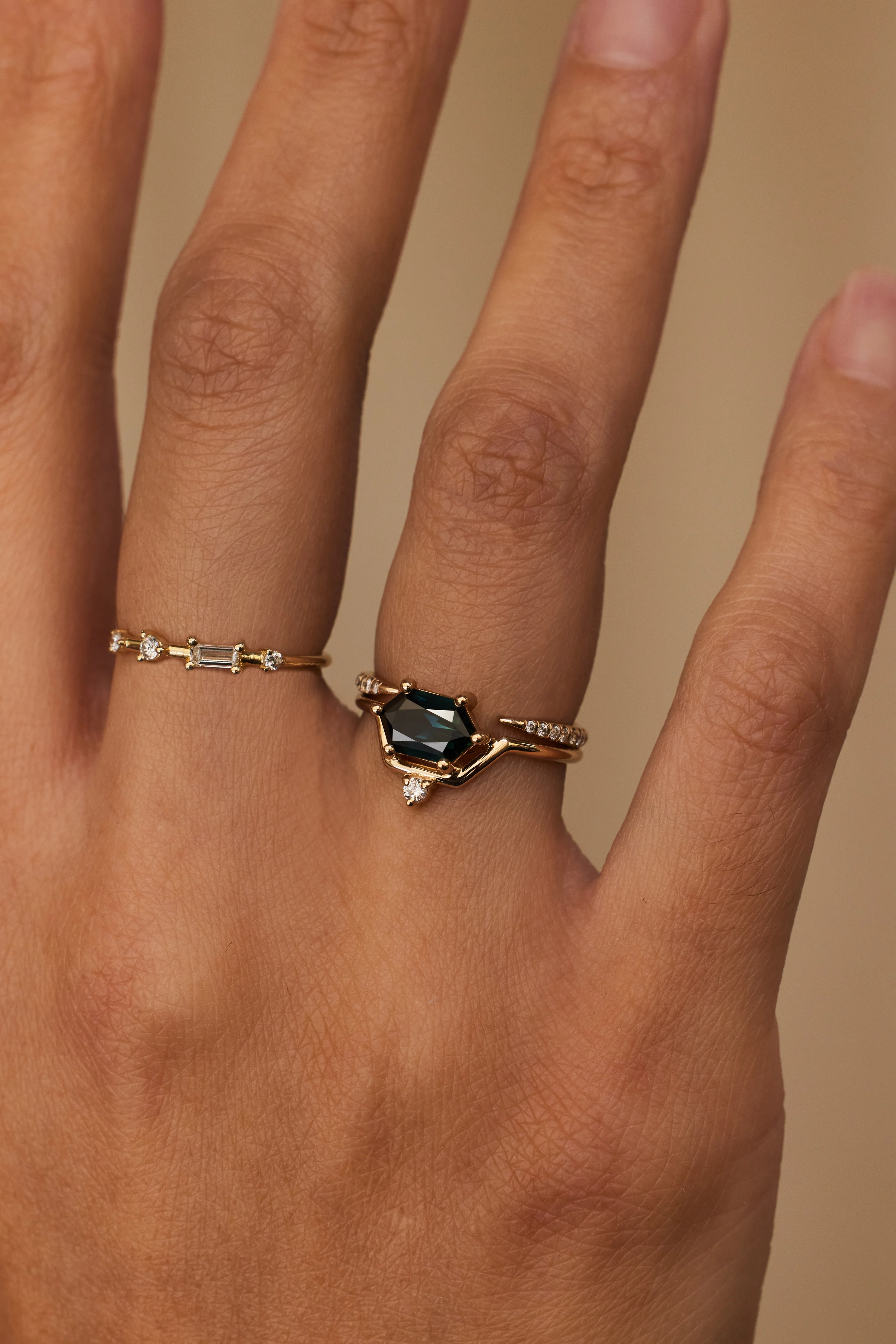 One of a Kind Hexagon Cut Sapphire and Diamond Nestled Ring No. 2 - Image 2
