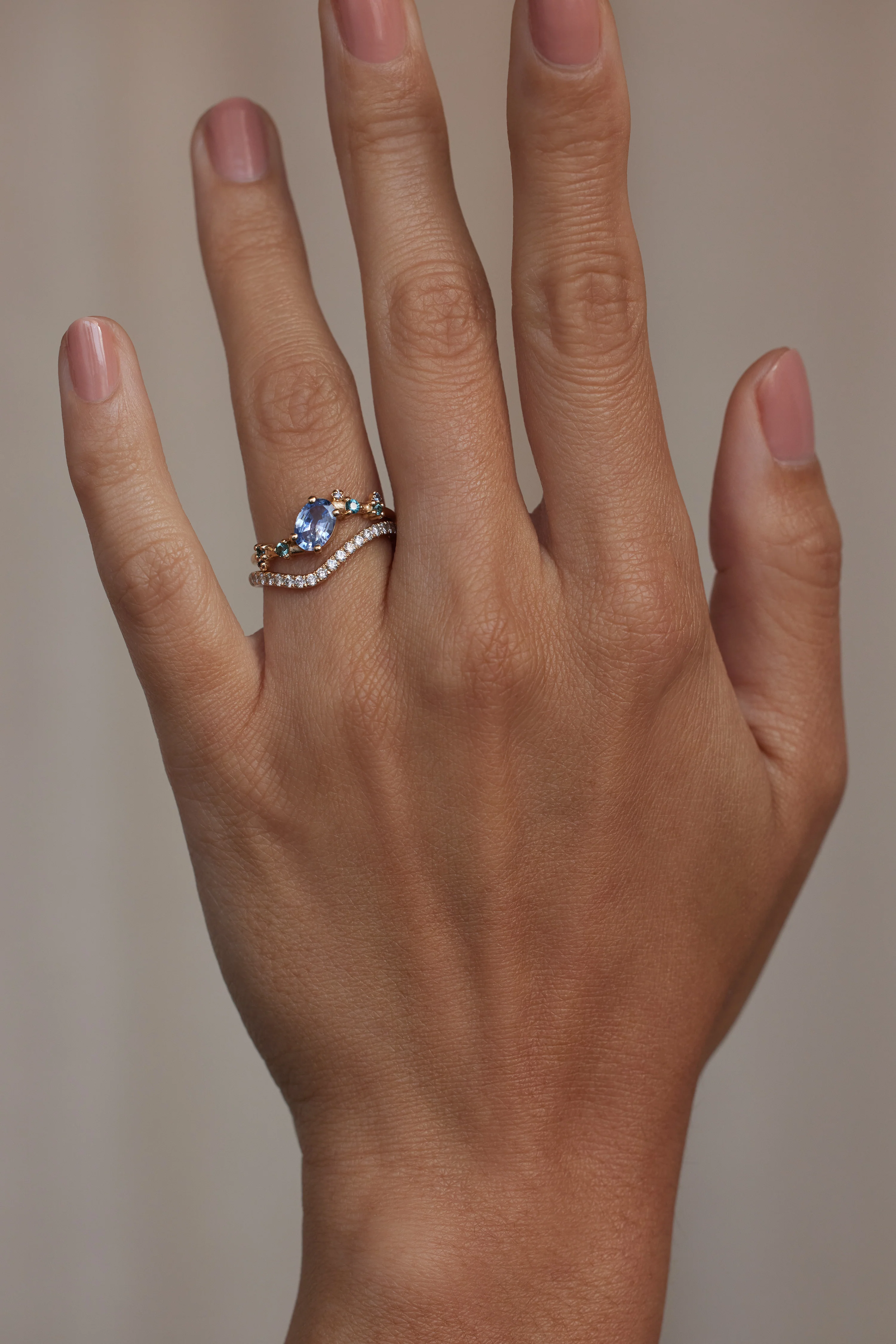 One of a Kind Oval Cut Blue Sapphire and Tourmaline Organic Crossover Ring - Image 2