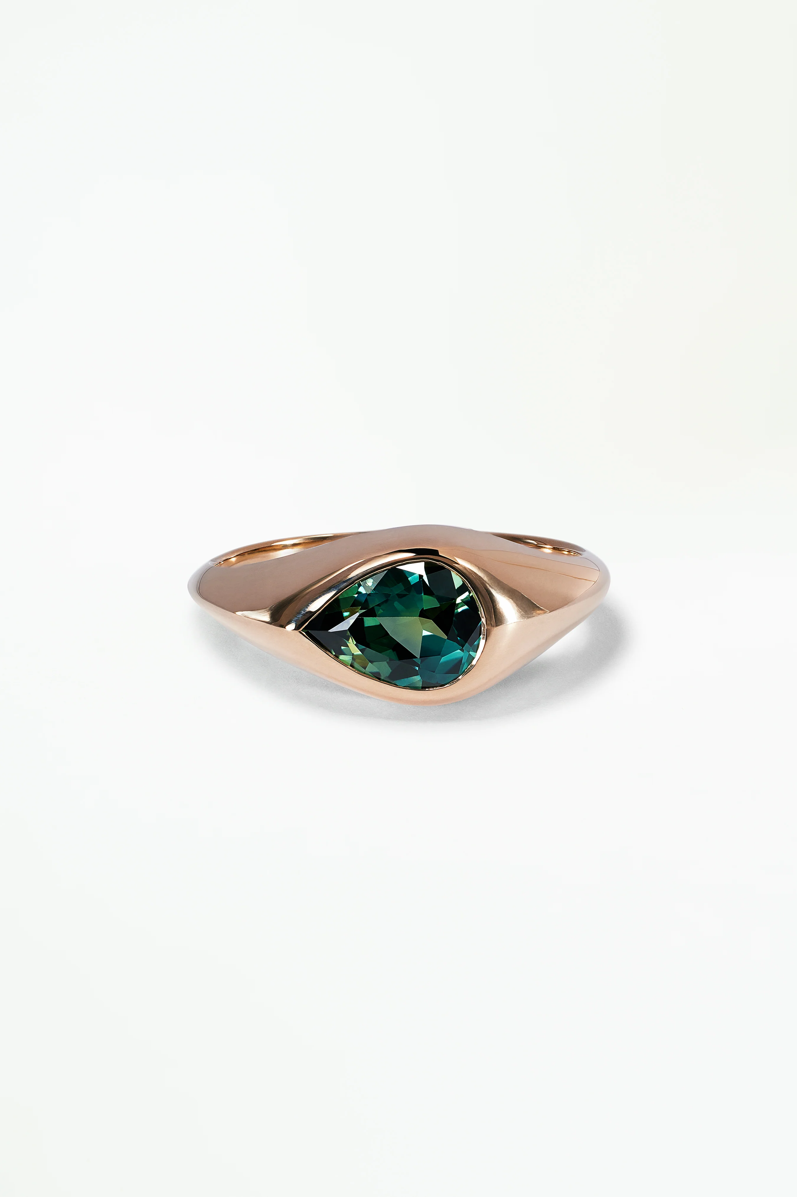 One of a Kind Pear Cut Bi-Color Blue Green Sapphire Signet Ring No. 59