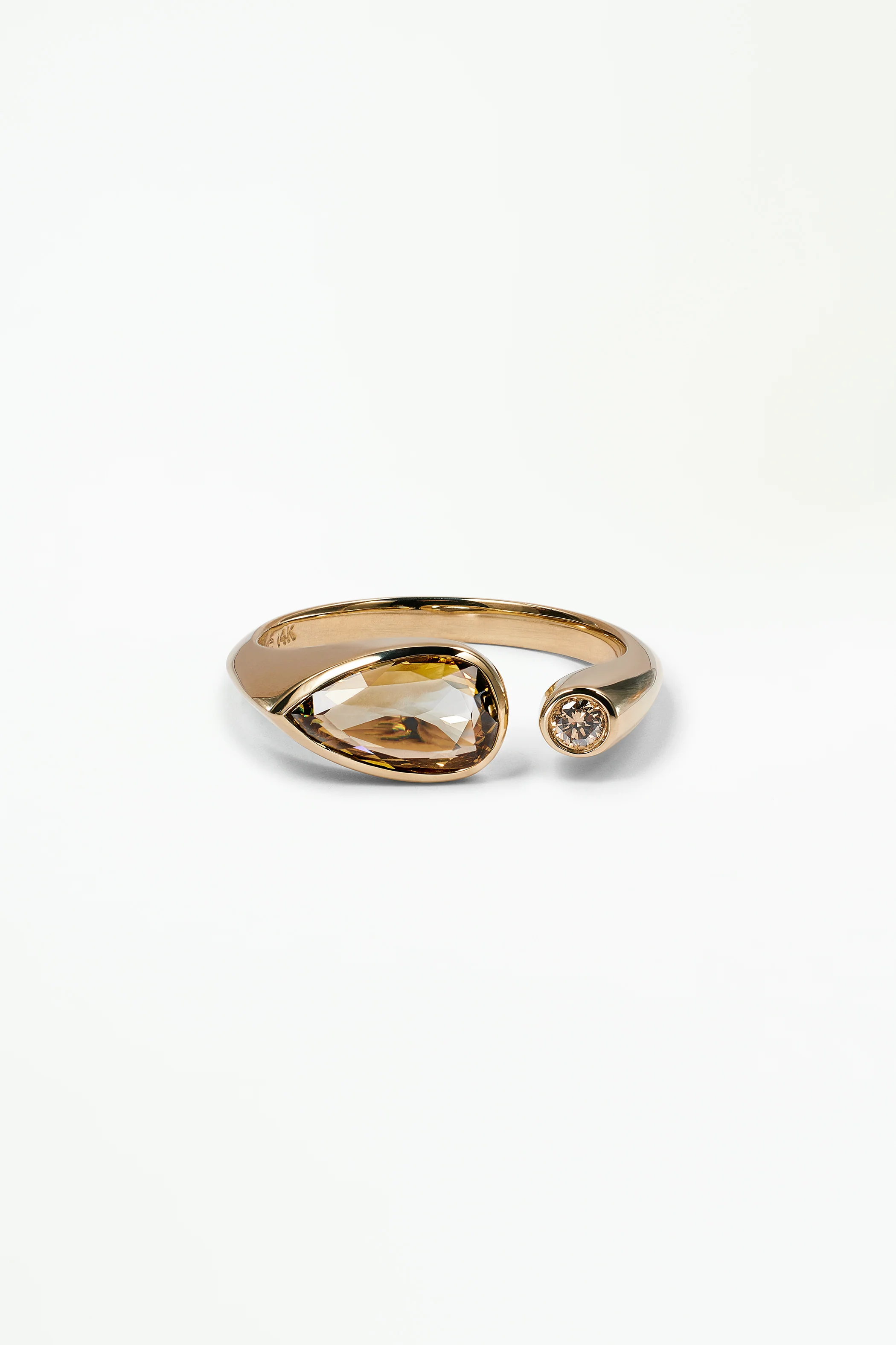 One of a Kind Pear Rose Cut and Round Brilliant Cut Champagne Diamond Dyad Signet Ring No. 12