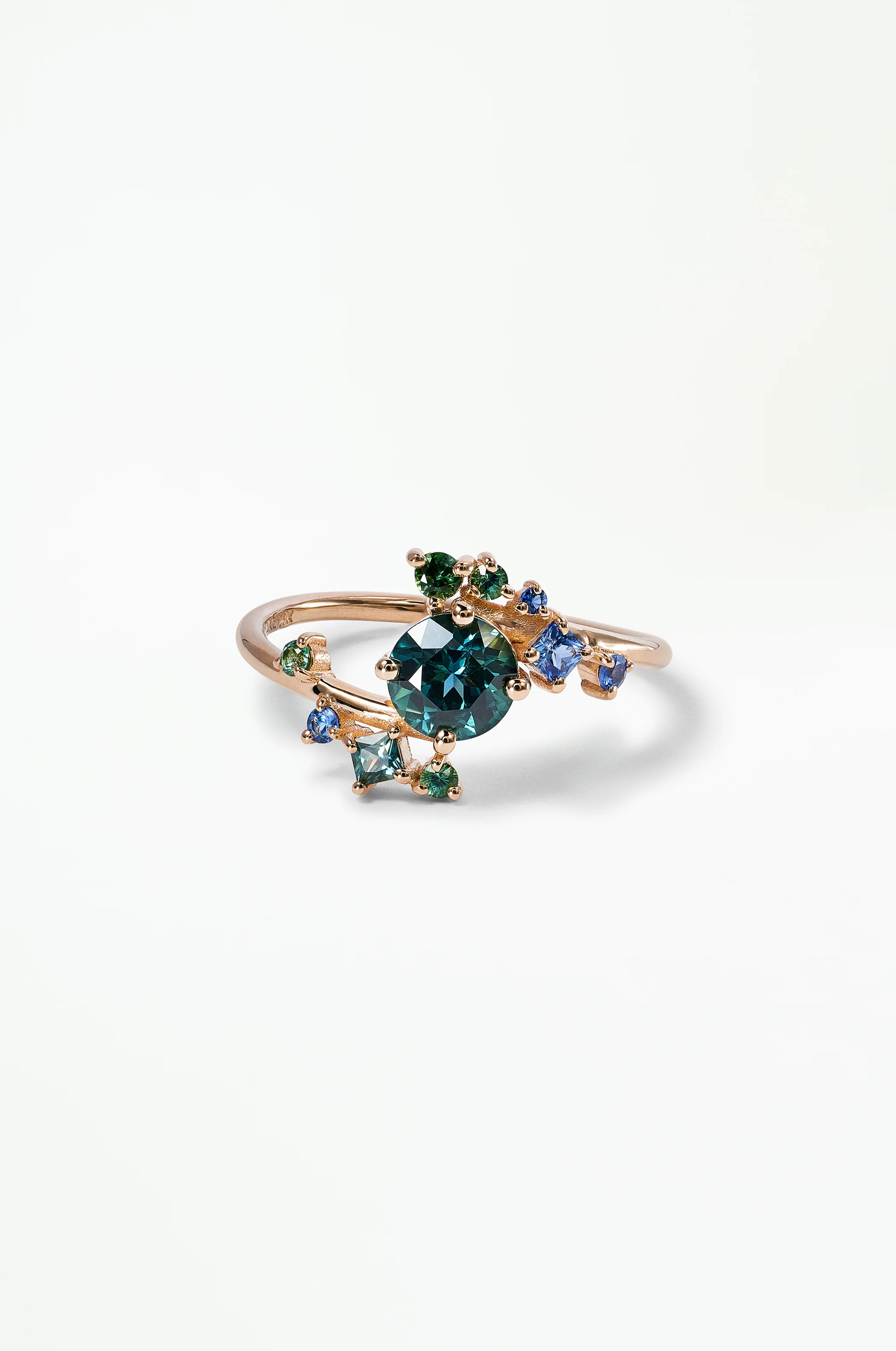 One of a Kind Round Brilliant Cut Gradient Sapphire Celestial Ring No. 1
